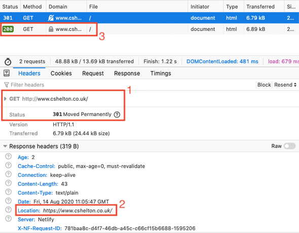 Network request showing redirect from HTTP to HTTPS