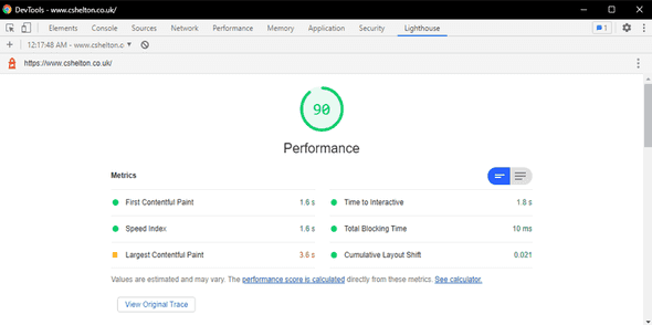 The Google Lighthouse score after the change showing a slight improvement to the Largest Contentful Paint metric