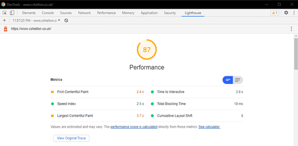 The Google Lighthouse score before the change showing an overall score of 87