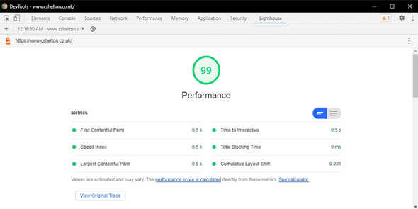 The Google Lighthouse score after the change showing a slight improvement to the Largest Contentful Paint metric