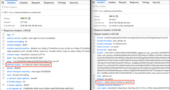 The Referrer Policy response header and Referer request header as seen in the dev tools Network tab