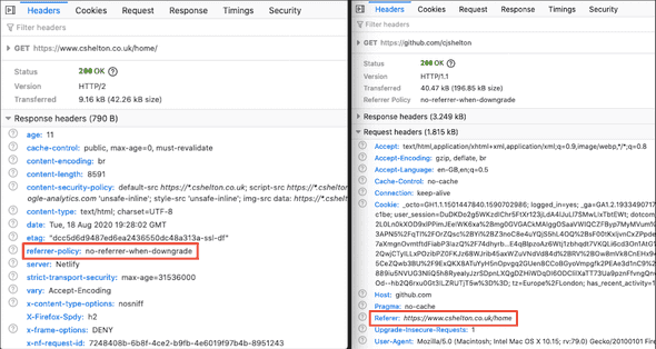 The Referrer Policy response header and Referer request header as seen in the dev tools Network tab The Referrer Policy response header and Referer request header as seen in the dev tools Network tab