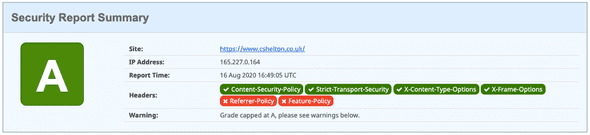 Security Headers report showing an improved rating of A with a tick for X-Content-Type-Options Security Headers report showing an improved rating of A with a tick for X-Content-Type-Options