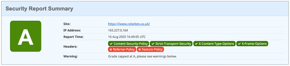 Security Headers report showing an improved rating of A with a tick for X-Content-Type-Options