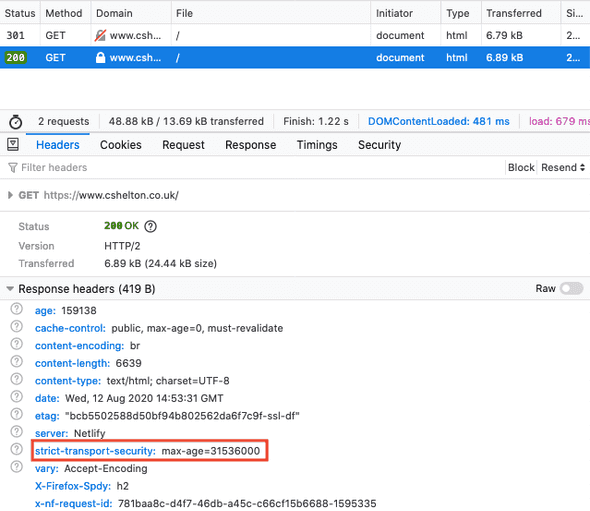 Network request HSTS response header