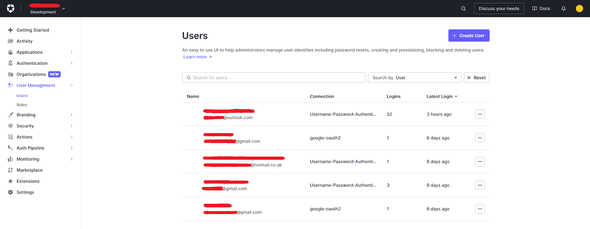 User list in the Auth0 dashboard