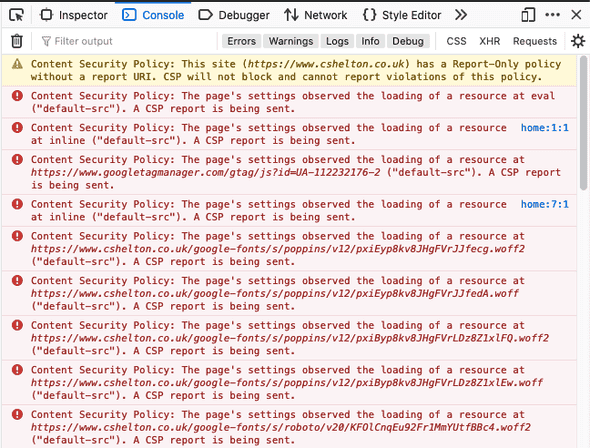 Console errors present after applying the CSP Report Only header
