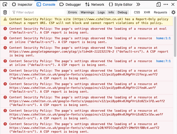 Console errors present after applying the CSP Report Only header Console errors present after applying the CSP Report Only header