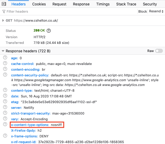The X-Content-Type-Options response header in the dev tools Network tab The X-Content-Type-Options response header in the dev tools Network tab