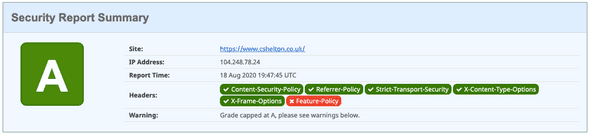 Security Headers report showing a rating of A with a tick for Referrer-Policy