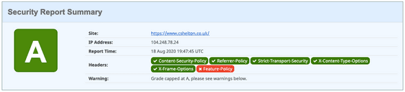 Security Headers report showing a rating of A with a tick for Referrer-Policy Security Headers report showing a rating of A with a tick for Referrer-Policy