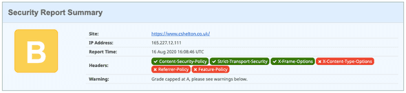 Security Headers report showing an improved rating of B with a tick for XFO