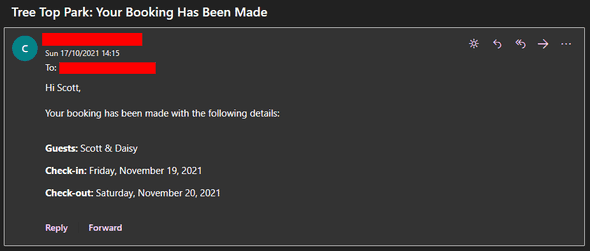 Confirmation email received after completing a booking