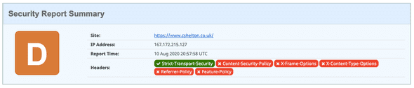 Security Headers report showing a poor rating of D Security Headers report showing a poor rating of D