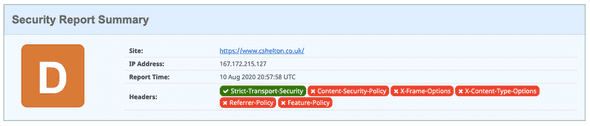 Security Headers report showing a poor rating of D