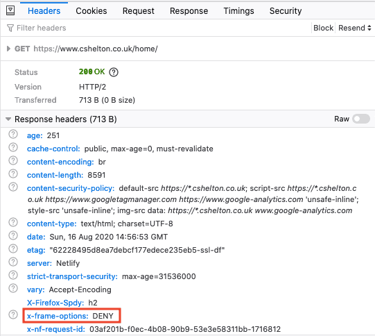 The XFO response header in the dev tools Network tab The XFO response header in the dev tools Network tab
