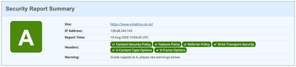 Security Headers report showing a rating of A with a tick for Feature-Policy and all other headers