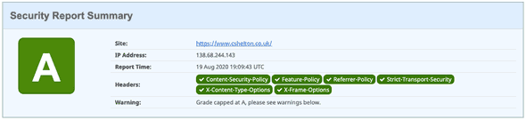 Security Headers report showing a rating of A with a tick for Feature-Policy and all other headers Security Headers report showing a rating of A with a tick for Feature-Policy and all other headers