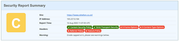Security Headers report showing an improved rating of C with a tick for CSP Security Headers report showing an improved rating of C with a tick for CSP