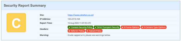 Security Headers report showing an improved rating of C with a tick for CSP